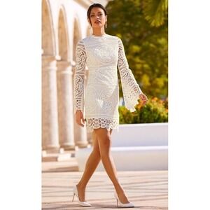 HAUTE ROGUE Lace Sheath Dress Sz Small High Neck Bell Sleeves Angelcore Ethereal